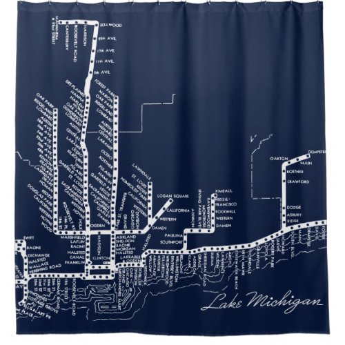 Chicago Subway Map w Train stops White Blue Shower Curtain