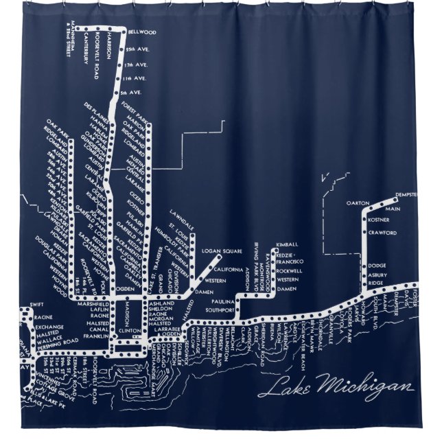 Chicago Subway Map w/ Train stops White Blue Shower Curtain (Front)