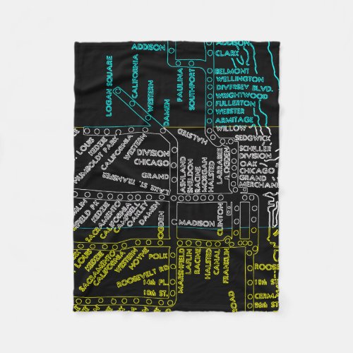 Chicago Subway Train Vintage System Map Route NEON Fleece Blanket