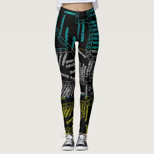 Chicago Subway Train Vintage System Map Route NEON Leggings