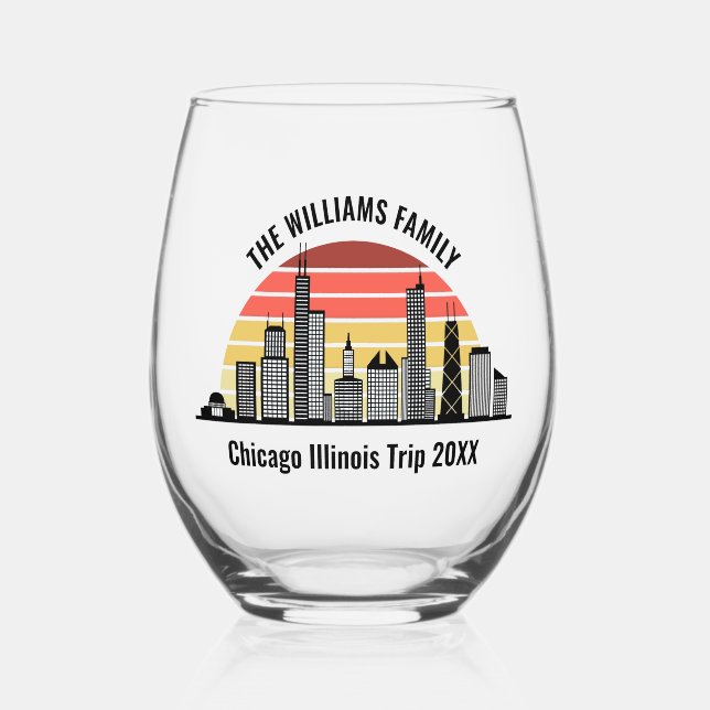 Chicago Sunset Customized Trip Souvenir Stemless Wine Glass (Front)