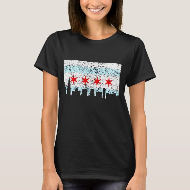 Chicago T Shirt - Vintage Chicago Flag Theme Skyli (Front)