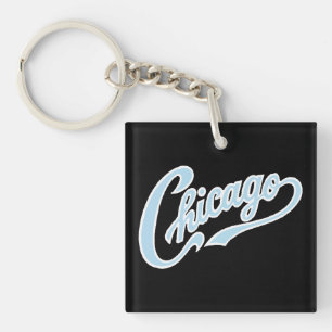Chicago Text in Chicago Blue Script BLK Keychain
