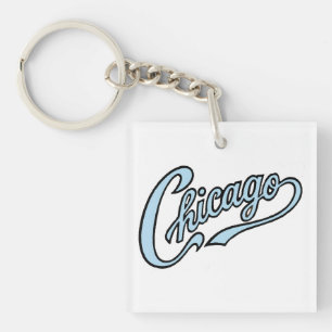 Chicago Text in Chicago Blue Script Keychain