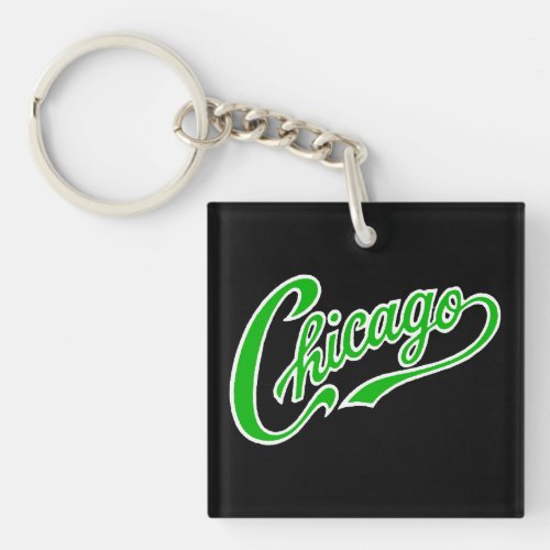 Chicago Text in Green Script BLK Keychain