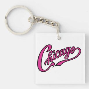 Chicago Text in Pink Script Keychain