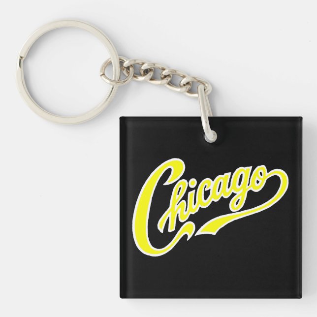 Chicago Text in Yellow Script BLK Keychain (Front)