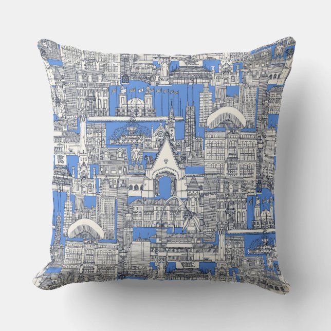 Chicago toile midnight blue retro blue throw pillow (Front)
