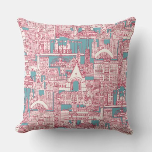 Chicago toile viva magenta turquoise throw pillow