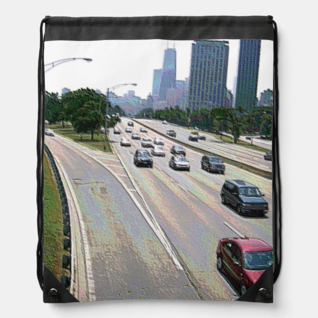 Chicago Traffic in Sandstone Drawstring Bag (Front)