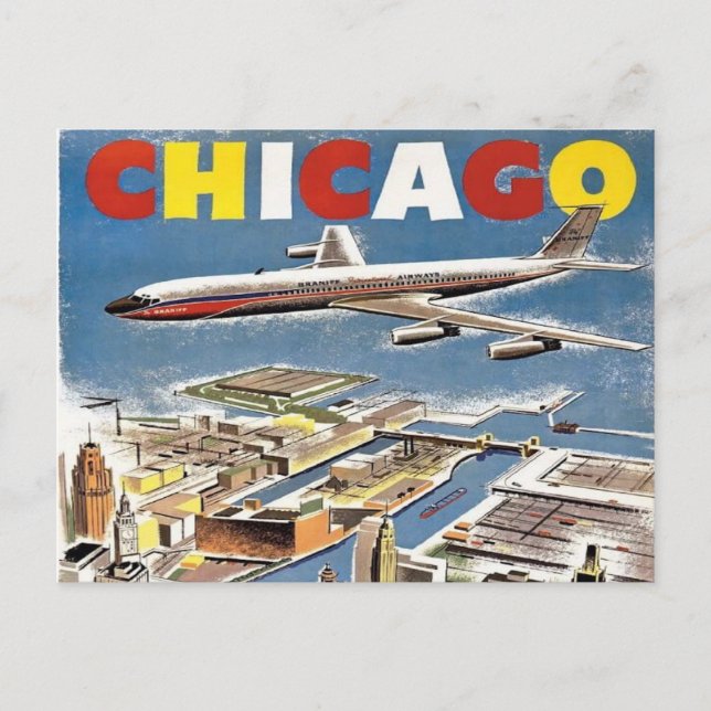chicago travel tourism poster retro airplane postcard (Front)