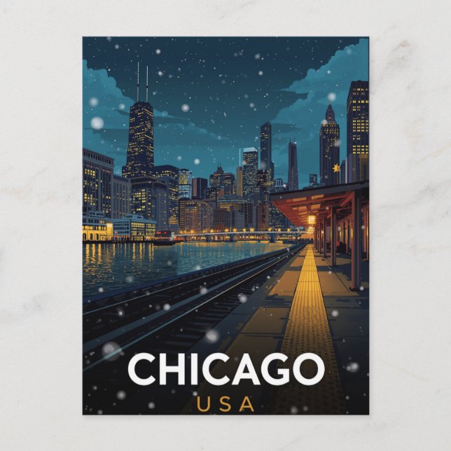 Chicago USA Skyline Winter Night Postcard (Front)