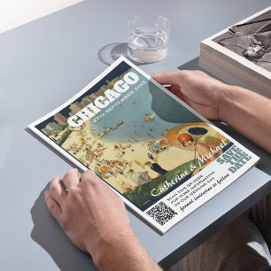 Chicago Vintage Wedding Travel QR Code  Save The Date