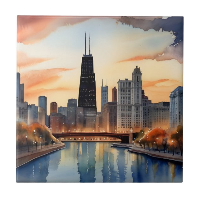 Chicago watercolor art ceramic tile (Front)
