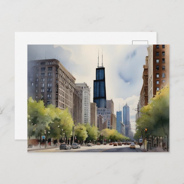 Chicago watercolor art postcard (Front/Back)