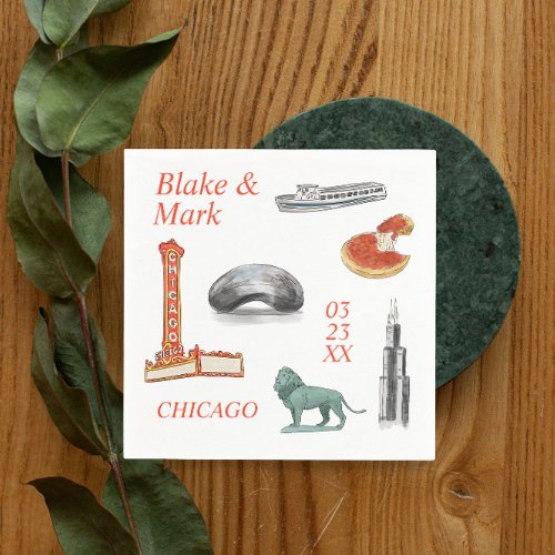 Chicago watercolor Icons Wedding Cocktail Napkins