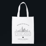 Chicago Wedding | Stylized Skyline Grocery Bag<br><div class="desc">A unique wedding bag for a wedding taking place in the beautiful city of Chicago.  This bag features a stylized illustration of the city's unique skyline with its name underneath.  This is followed by your wedding day information in a matching open lined style.</div>