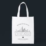 Chicago Wedding | Stylized Skyline Grocery Bag<br><div class="desc">A unique wedding bag for a wedding taking place in the beautiful city of Chicago.  This bag features a stylized illustration of the city's unique skyline with its name underneath.  This is followed by your wedding day information in a matching open lined style.</div>