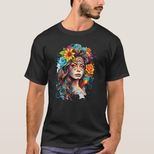 Chicano Girl Mexico Flowers Death Pretty 6 T_Shirt