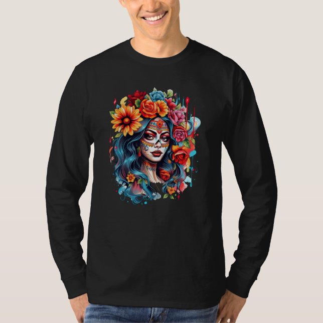 Chicano Girl Mexico Flowers Death Pretty 8 T-Shirt (Front)