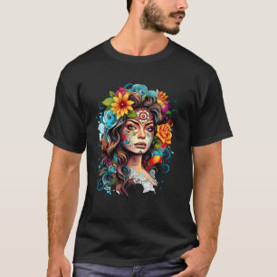 Chicano Girl Mexico Flowers Death Pretty T-Shirt