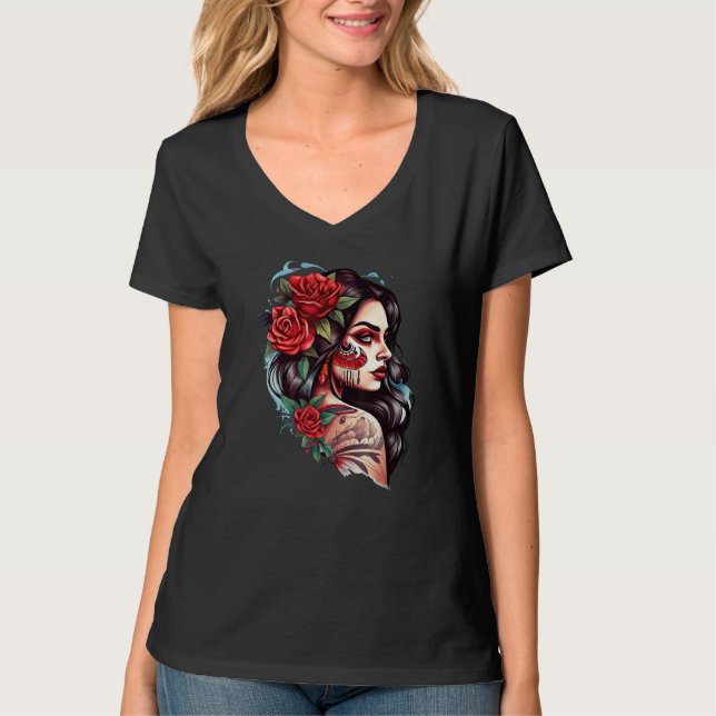 Chicano Girl Mexico Flowers Death Pretty T-Shirt (Front)