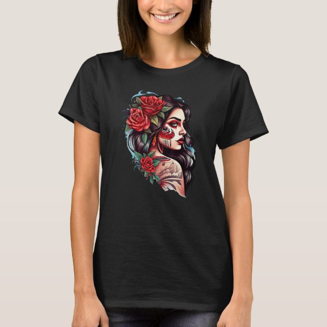 Chicano Girl Mexico Flowers Death Pretty T-Shirt (Front)