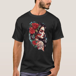 Chicano Girl Mexico Flowers Death Pretty T-Shirt