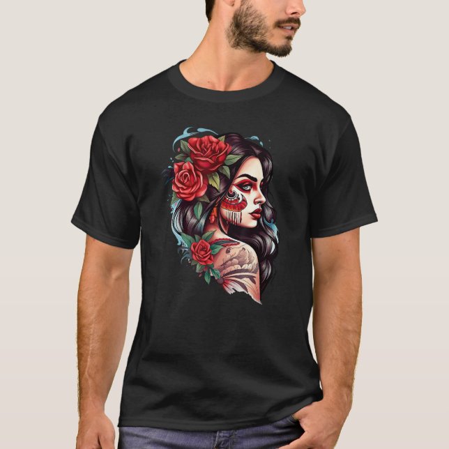 Chicano Girl Mexico Flowers Death Pretty T-Shirt (Front)