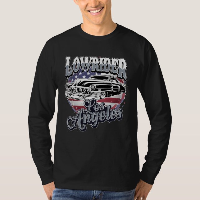 Chicano Low Rider Car American Flag Los Angeles Lo T-Shirt (Front)