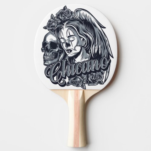 Chicano Woman with Wings Roses and Skull Ping Pong Paddle
