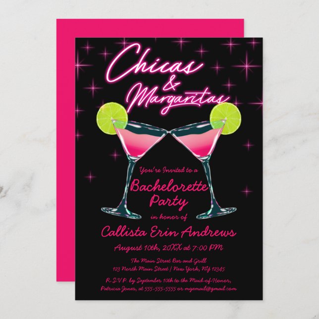 Chicas and Margaritas Neon Pink Bachelorette Party Invitation (Front/Back)