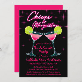 Chicas and Margaritas Neon Pink Bachelorette Party Invitation