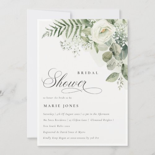 ChicFern Greenery White Floral Bridal Shower Invitation