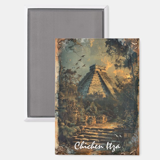 Chichen Itza Mexico Vintage Travel Artwork Magnet (Front/Back)