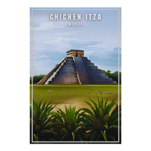 Chichen Itza Mexiico travel art vintage poster