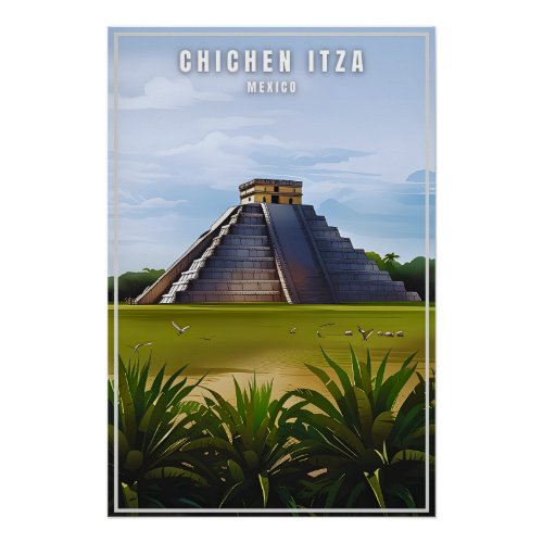 Chichen Itza Mexiico travel art vintage poster