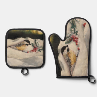 Chick-a-Dee with Mistletoe Oven Mitt & Pot Holder Set