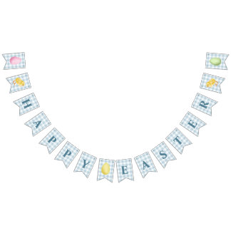 Chick And Pastel Eggs Happy Easter Blue Gingham Bunting Flags