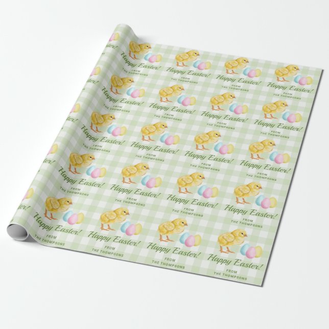 Chick And Pastel Eggs Happy Easter Green Gingham Wrapping Paper (Unrolled)