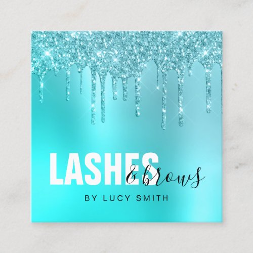 Chick aqua blue mint glitter drips lashes  brows square business card