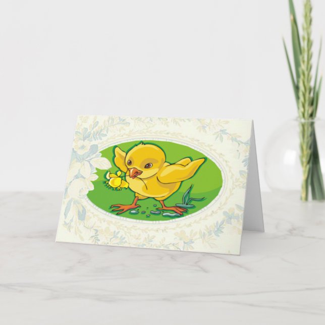 Chick Bringing A Flower Easter Card (Front)