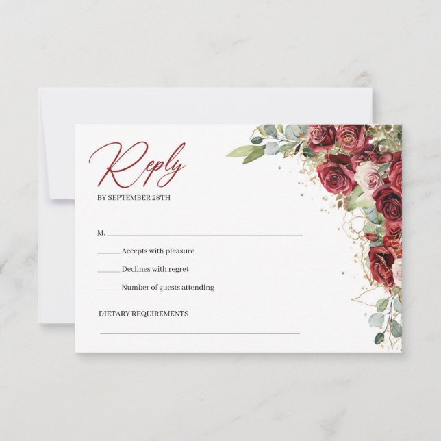 Chick burgundy roses green eucalyptus rsvp card (Front)