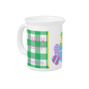 Chick Color Eggs Green Check Happy Easter NAME Lam Beverage Pitcher