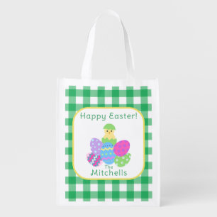 Chick Color Eggs Green Check Happy Easter NAME Lam Grocery Bag