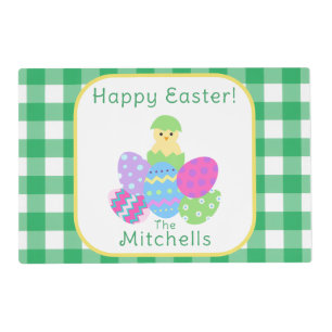 Chick Color Eggs Green Check Happy Easter NAME Lam Placemat