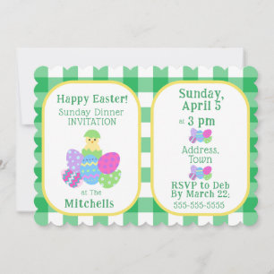 Chick Colored Eggs Green Check Happy Easter Invitation