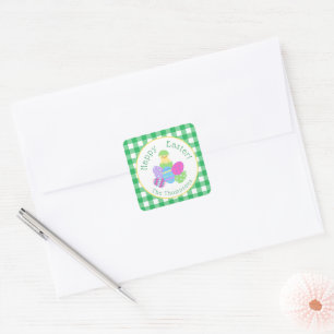 Chick Colored Eggs Green Check Happy Easter Round Square Sticker