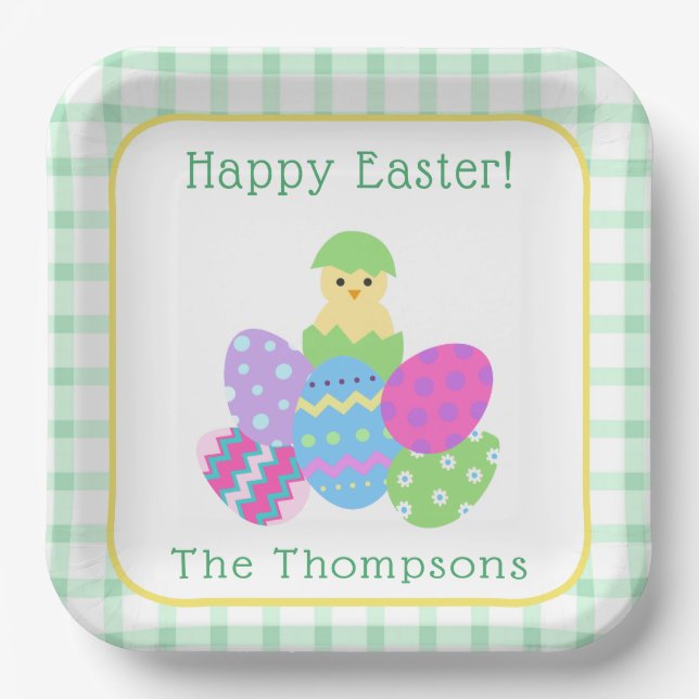 Chick Colored Eggs Happy Easter Paper Plates (Front)