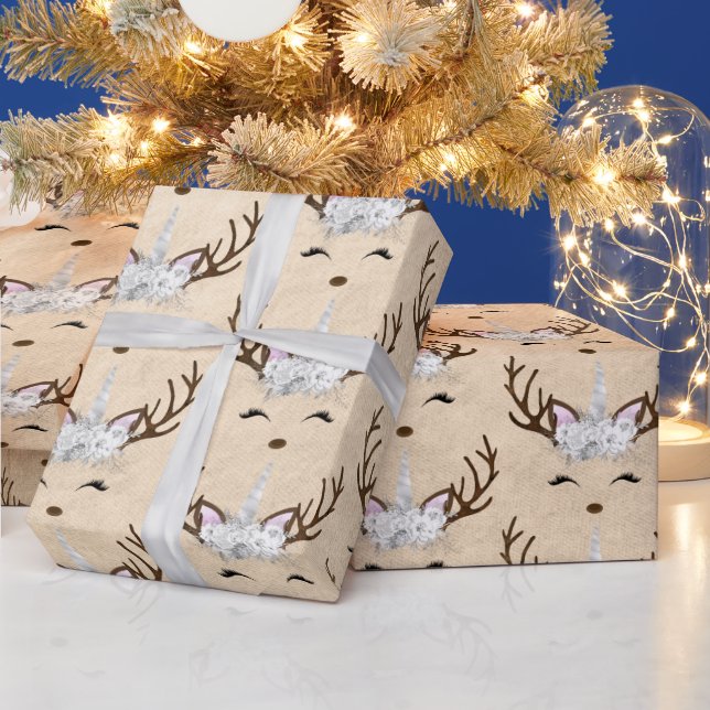 Chick copper rose gold unicorn reindeer pattern wrapping paper (Holidays)